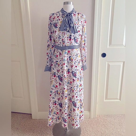 Boden Dresses & Skirts - Boden White Maxi Dress with Navy Stripes and Multicolor Floral Print